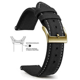 Black, White Stitching, Gold Buckle nylon sailcloth watch band