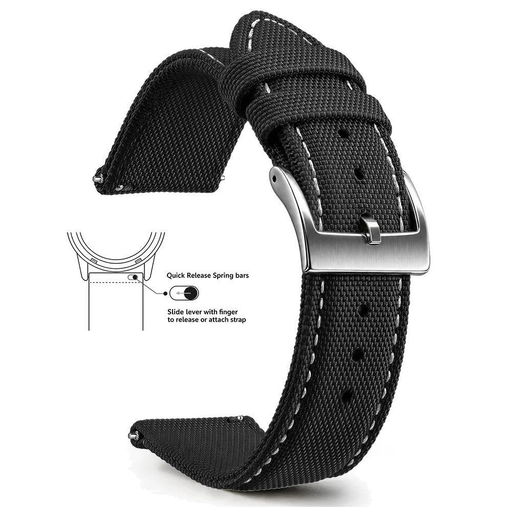 Black, White Stitching, Silver Buckle nylon sailcloth watch band