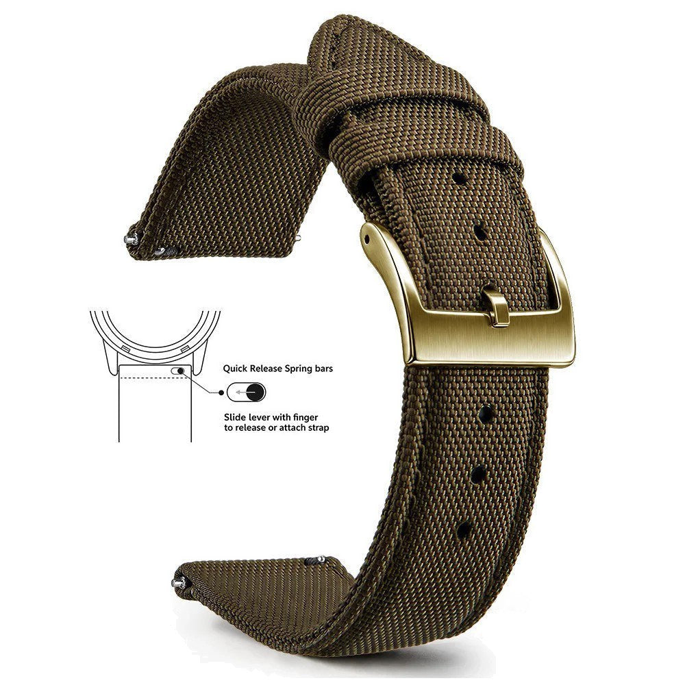 Dark Brown, Gold Buckle nylon sailcloth watch band