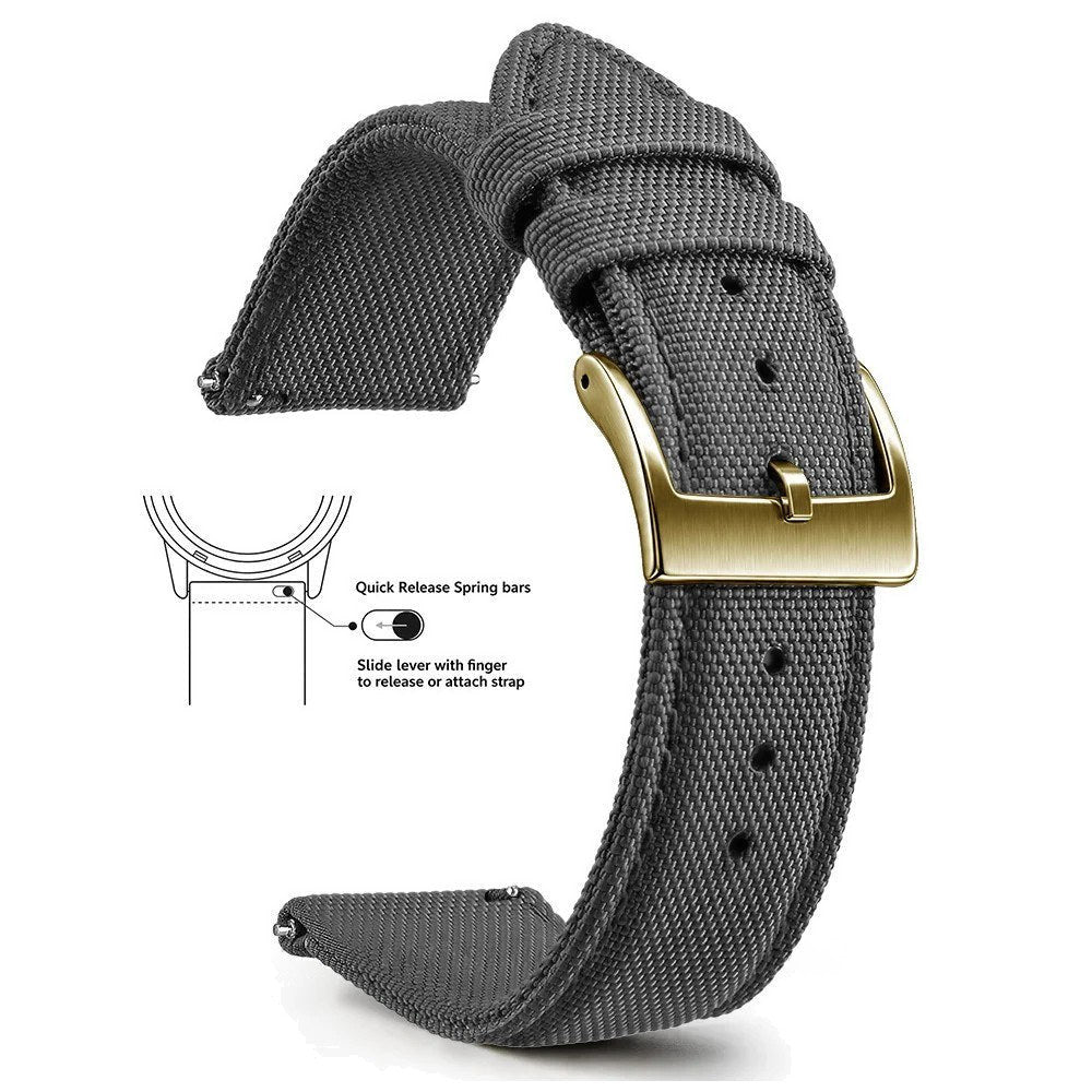Grey, Gold Buckle nylon sailcloth watch band
