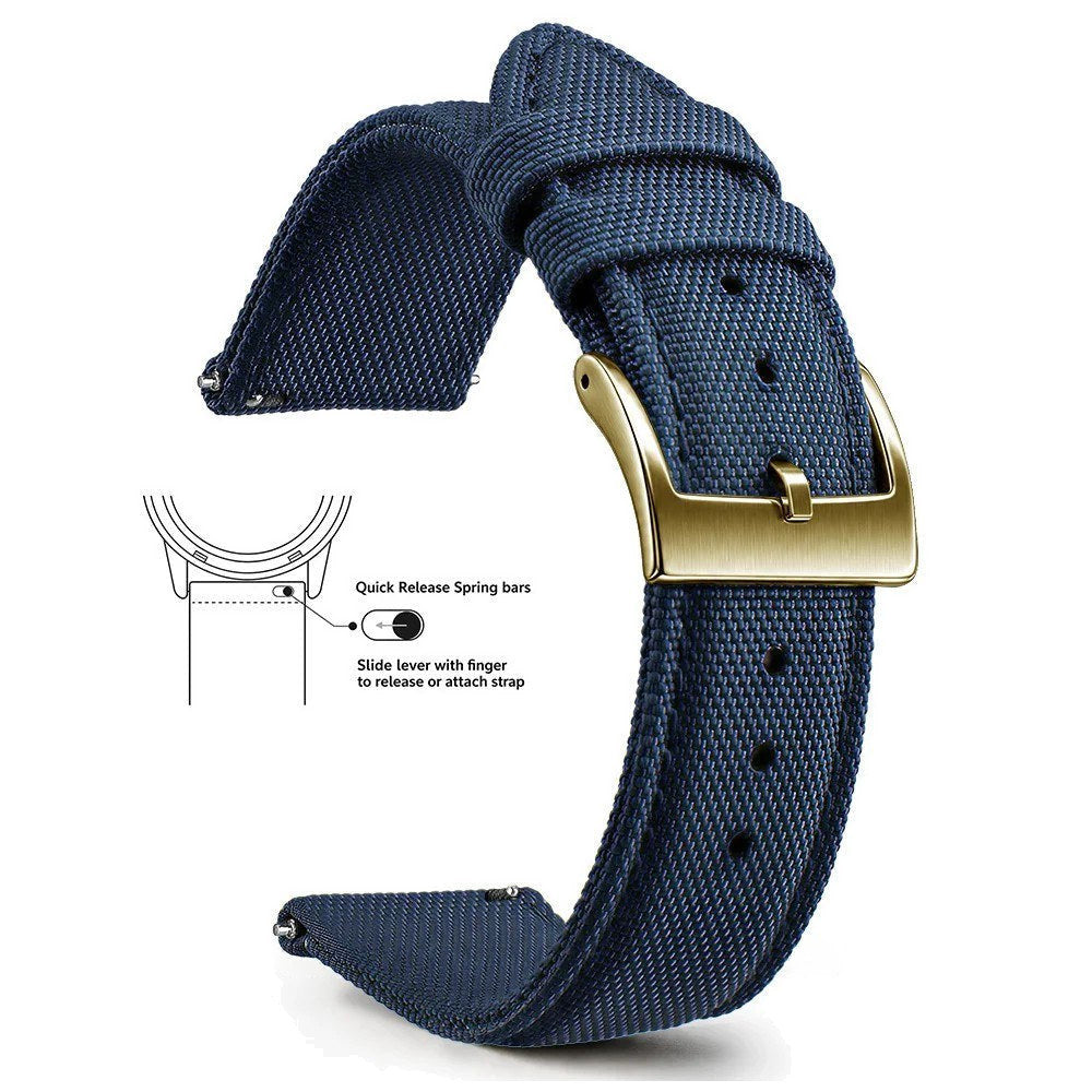 Navy Blue, Gold Buckle nylon sailcloth watch band