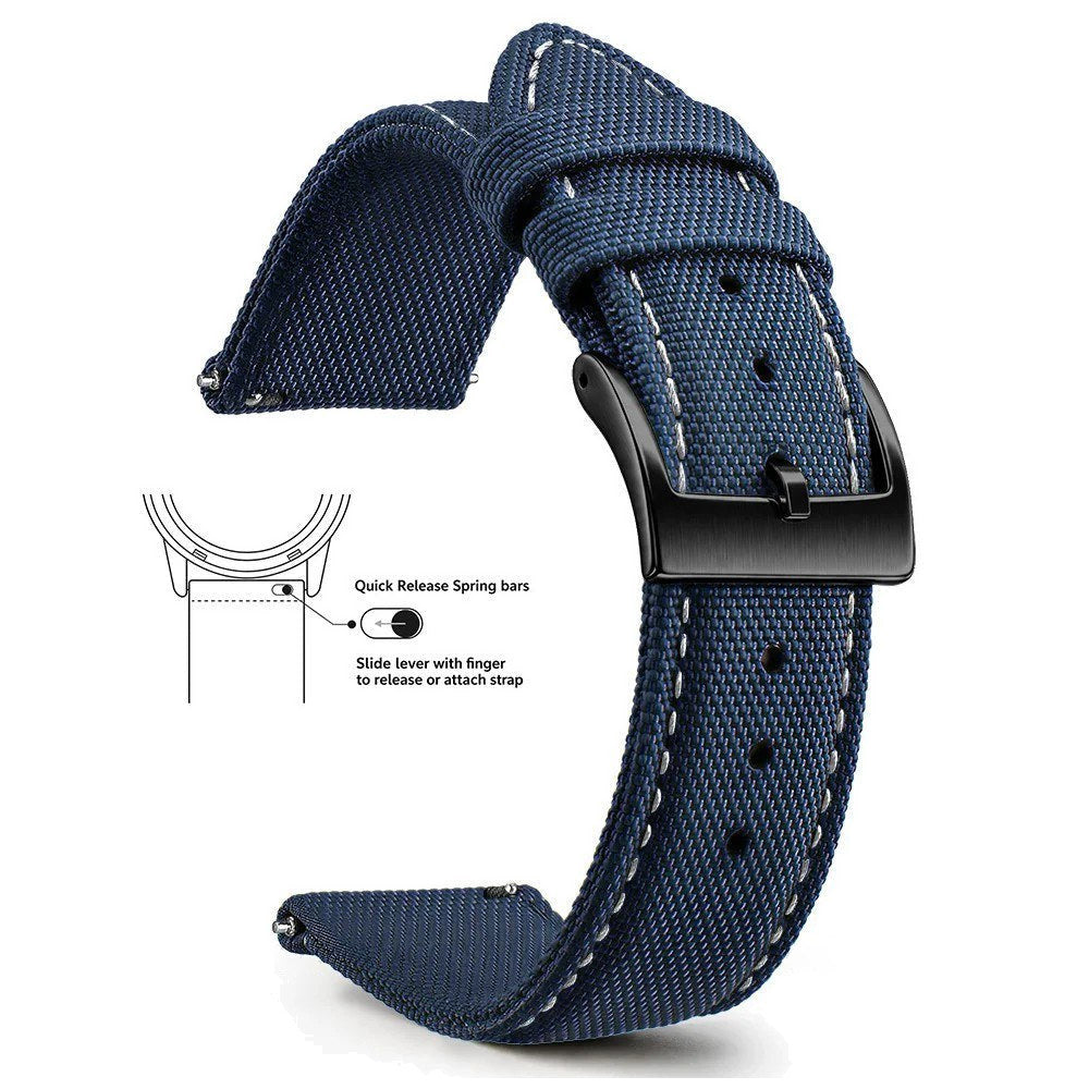 Navy Blue, White Stitching, Black Buckle nylon sailcloth watch band