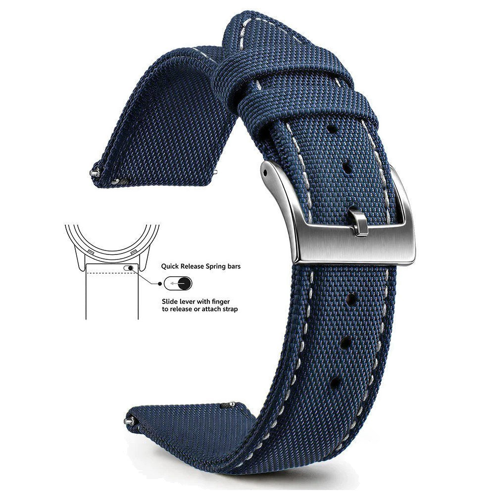 Navy Blue, White Stitching, Silver Buckle nylon sailcloth watch band
