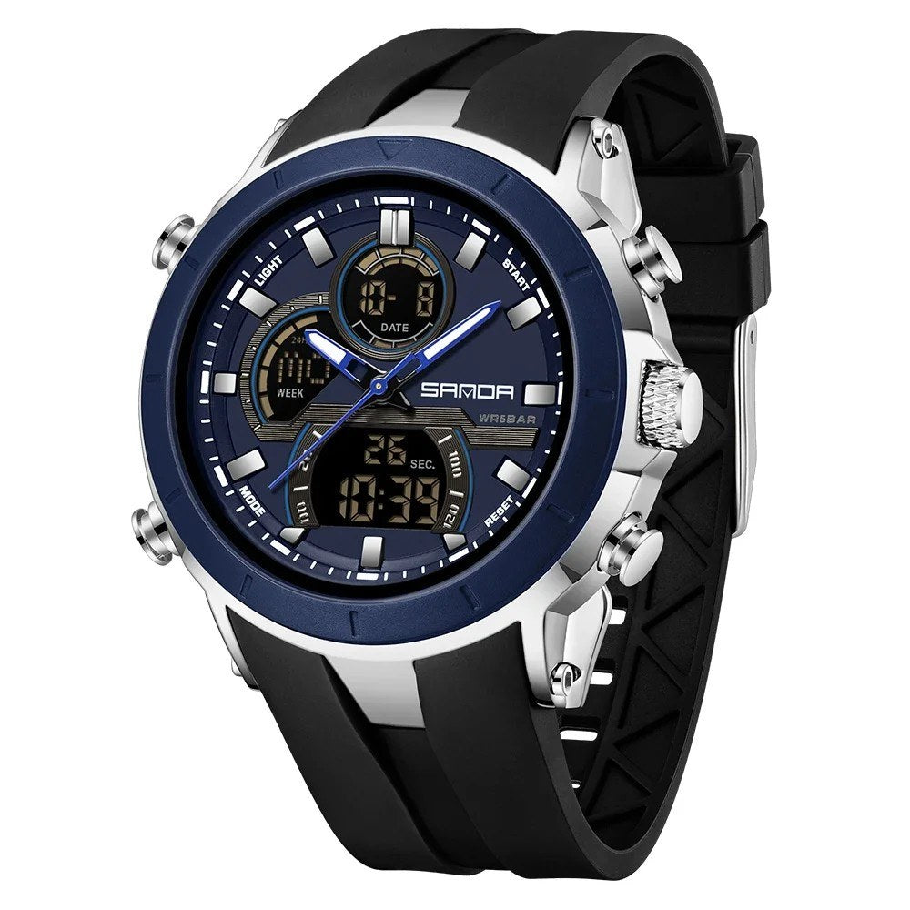 SANDA 6279 watch with black strap, navy bezel and dial, silver-coloured case sides