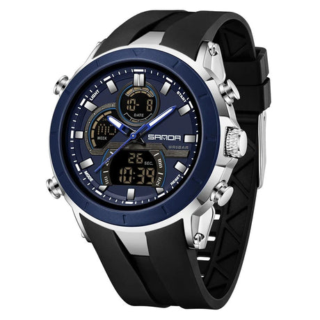 SANDA 6279 watch with black strap, navy bezel and dial, silver-coloured case sides