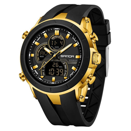 SANDA 6279 watch with black strap, gold-coloured case and black bezel