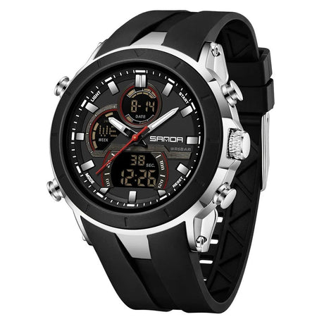 SANDA 6279 watch with black strap and bezel, silver-coloured case sides