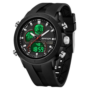 SANDA 6279 analogue-digital watch in all black with the digital windows lit green
