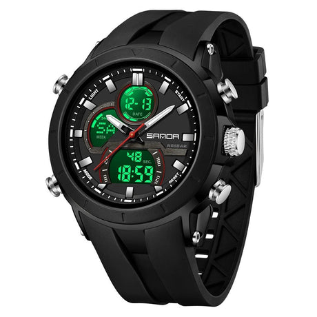 SANDA 6279 analogue-digital watch in all black with the digital windows lit green