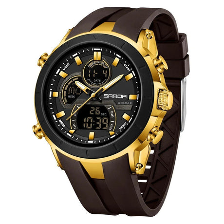 SANDA 6279 watch with brown strap, gold-coloured case and black bezel