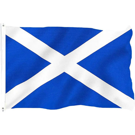 Scottish flag in printed polyester: white saltire on blue; white header strip with metal eyelets at left