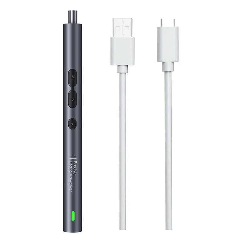 Grey precision electric screwdriver handle with its button controls and green light, beside a white USB-A to USB-C charging cable