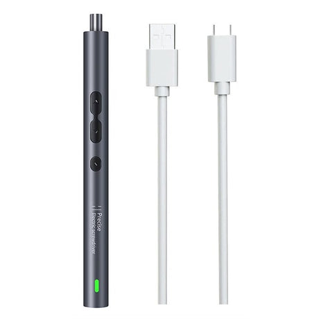 Grey precision electric screwdriver handle with its button controls and green light, beside a white USB-A to USB-C charging cable