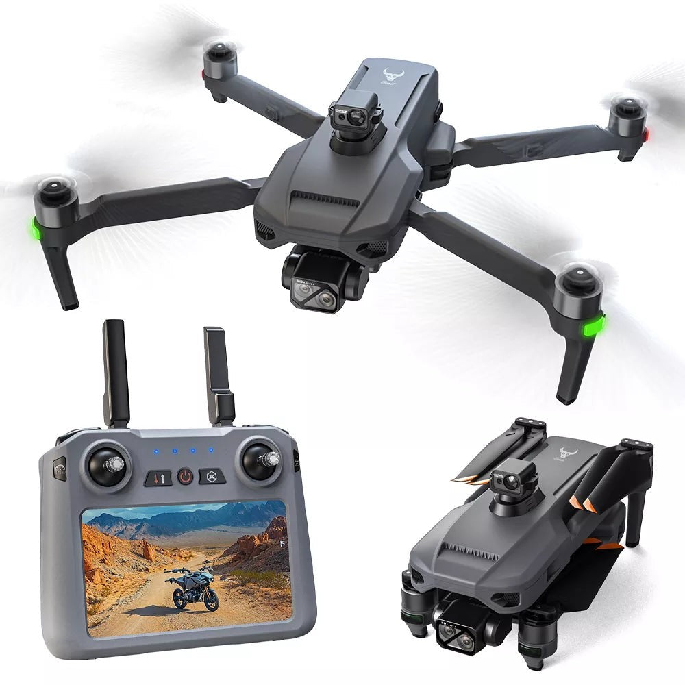 SG909MAX shown unfolded and folded with its touch-screen remote, on white
