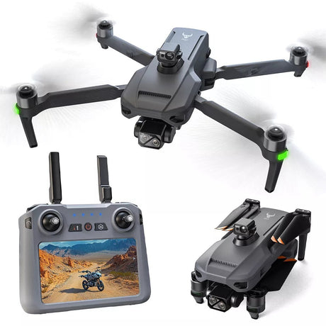SG909MAX shown unfolded and folded with its touch-screen remote, on white