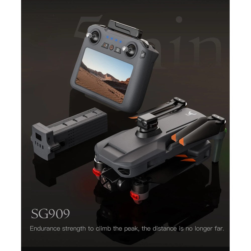 SG909MAX folding GPS drone beside its touch-screen remote control