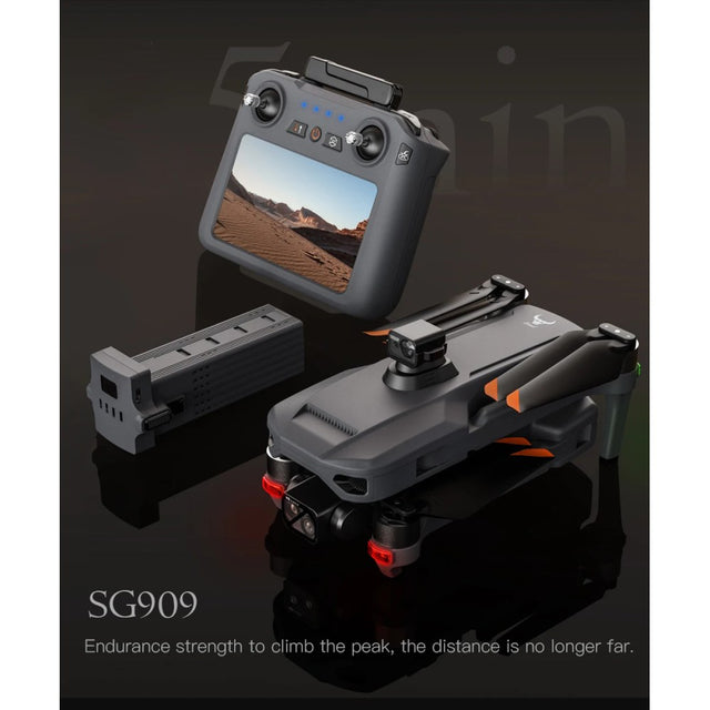 SG909MAX folding GPS drone beside its touch-screen remote control