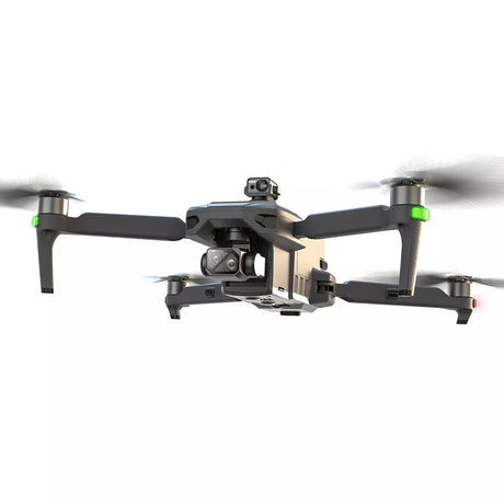 SG909MAX in flight, front view at eye level with the gimbal camera and obstacle-avoidance module, on white