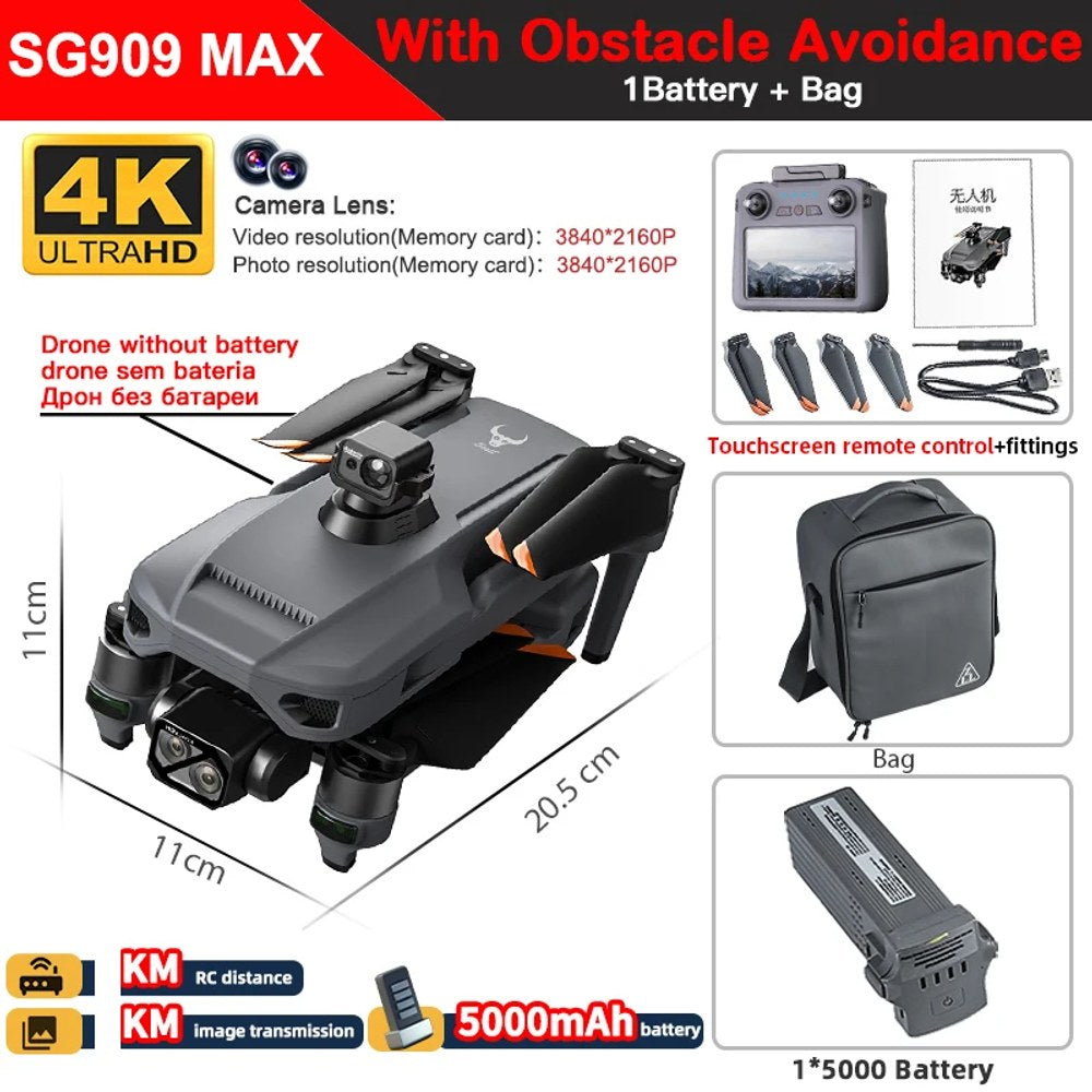 SG909MAX kit with touch-screen remote, one battery, obstacle-avoidance module and carry bag
