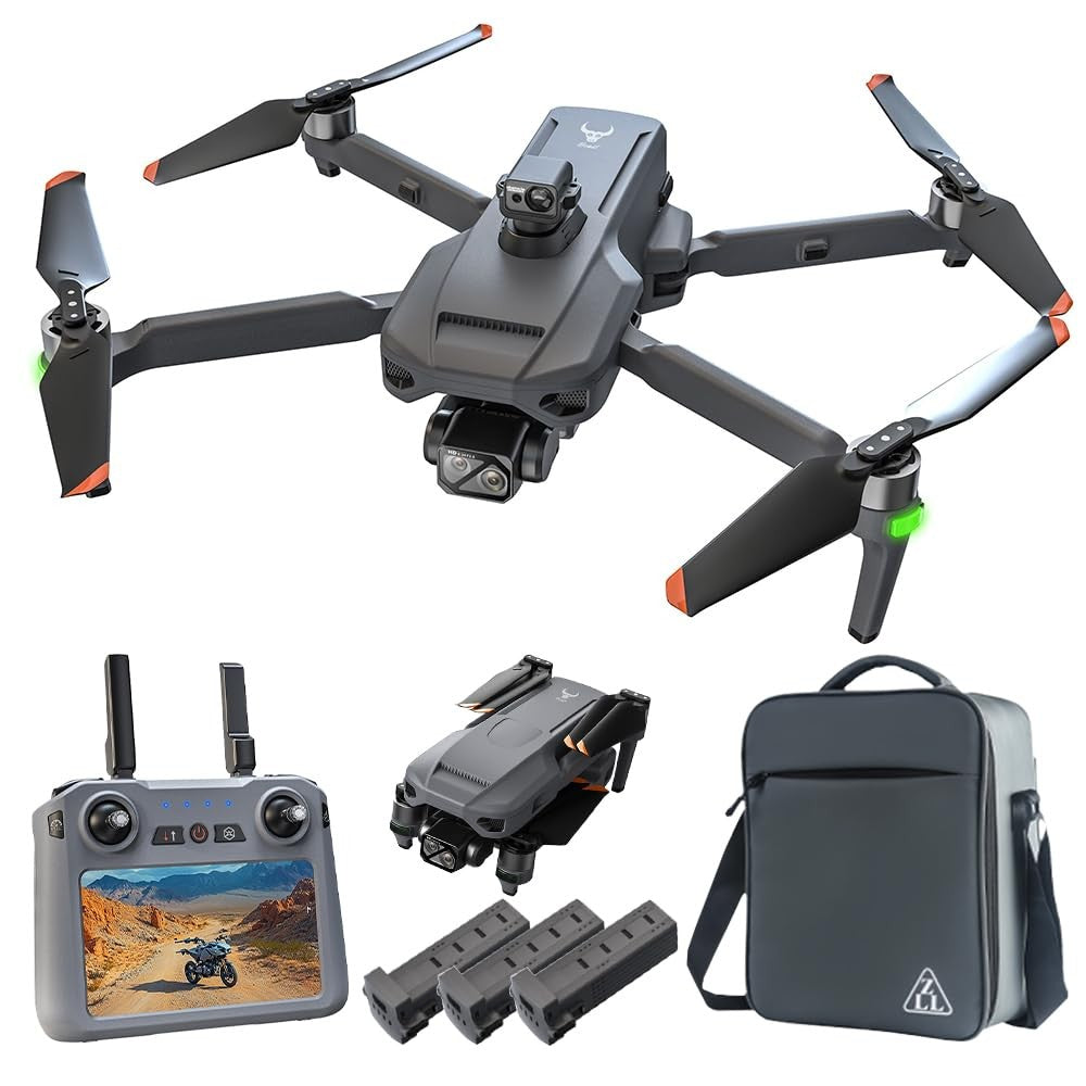 SG909MAX kit: drone shown flying and folded, touch-screen remote, three batteries and carry bag