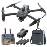 SG909MAX kit: drone shown flying and folded, touch-screen remote, three batteries and carry bag