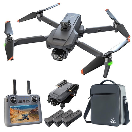 SG909MAX kit: drone shown flying and folded, touch-screen remote, three batteries and carry bag