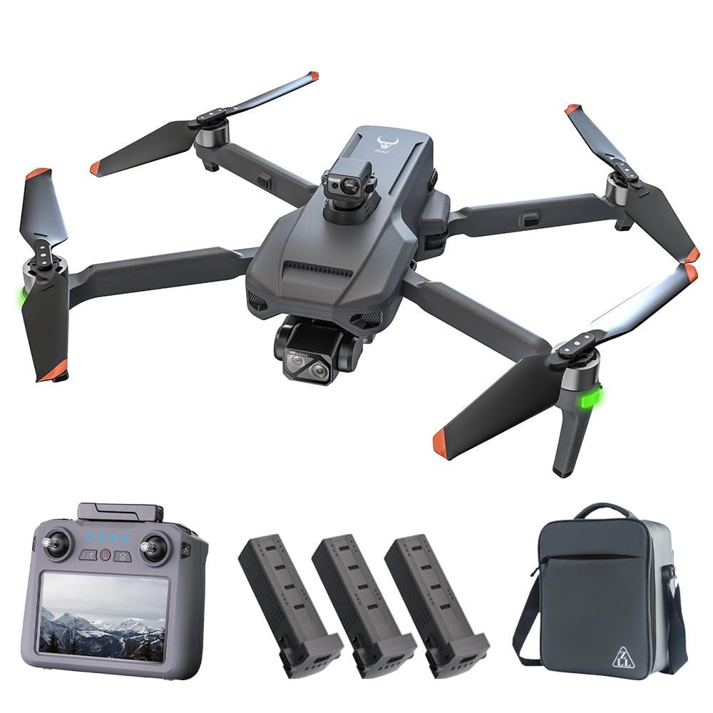 SG909MAX kit: drone, touch-screen remote with antennas flat, three batteries and carry bag