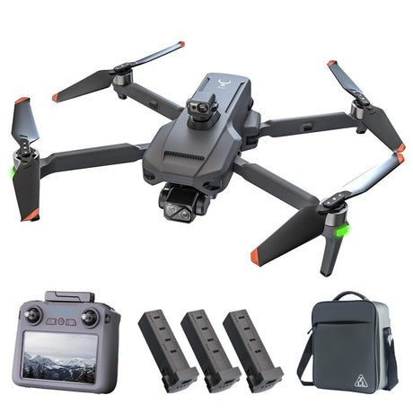 SG909MAX kit: drone, touch-screen remote with antennas flat, three batteries and carry bag