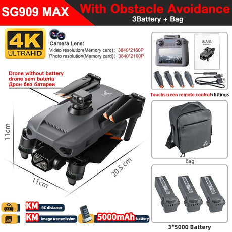 SG909MAX kit with touch-screen remote, three batteries, obstacle-avoidance module and carry bag