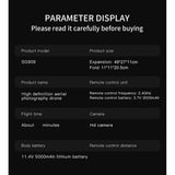 The maker's SG909 parameter sheet: size, 2.4 GHz remote, 11.4 V 5000 mAh battery; flight time and range left blank