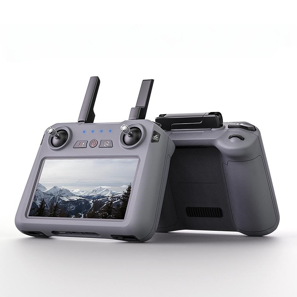 SG909MAX touch-screen remote shown from the front and the back, on white