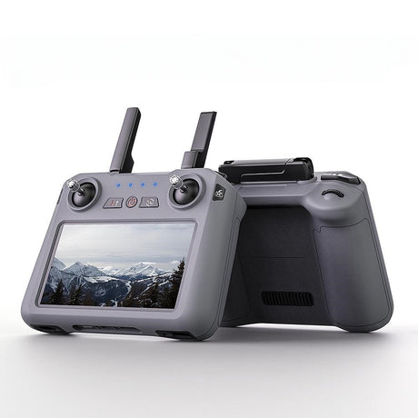 SG909MAX touch-screen remote shown from the front and the back, on white