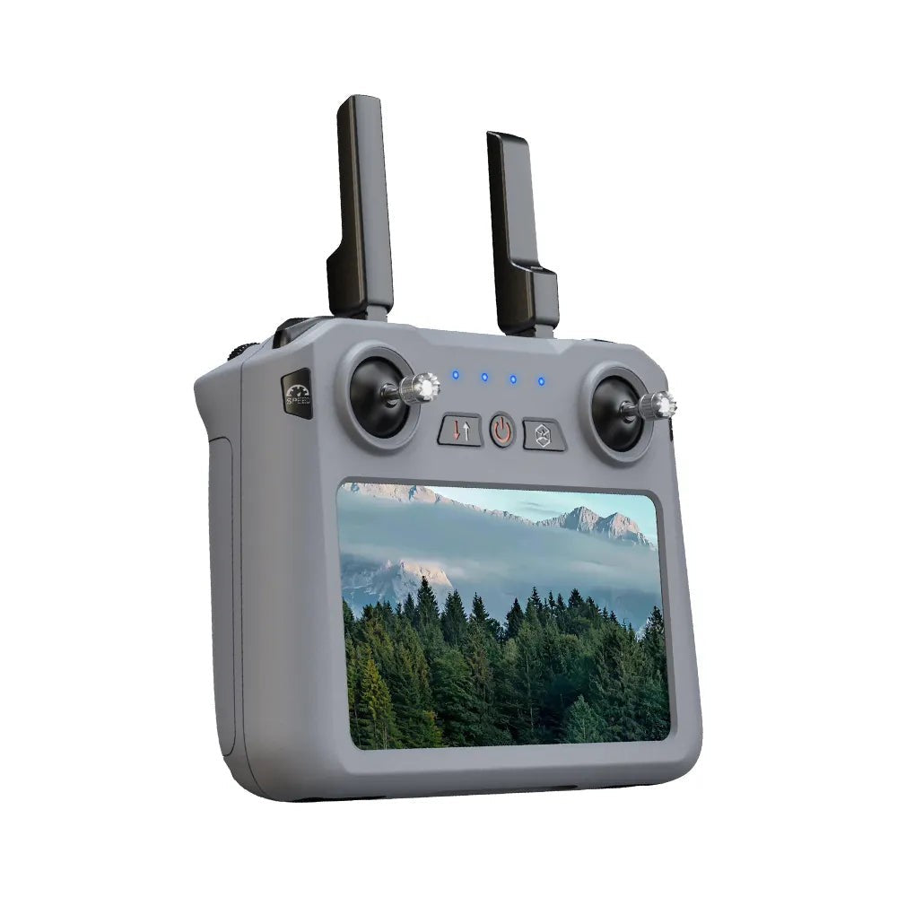 SG909MAX touch-screen remote seen from the side, antennas raised, on white