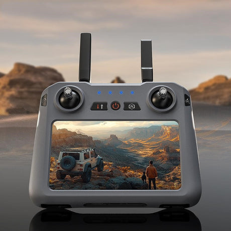 SG909MAX touch-screen remote from the front, its screen showing a desert scene