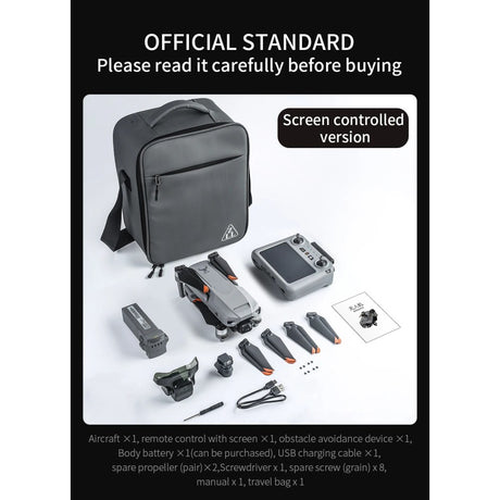 SG909MAX box contents: drone, touch-screen remote, obstacle-avoidance module, battery, USB lead, spare propellers, screwdriver, screws, manual and travel bag