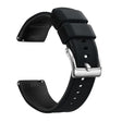 Black silicone watch band with a silver stainless steel tang buckle and quick-release spring bars