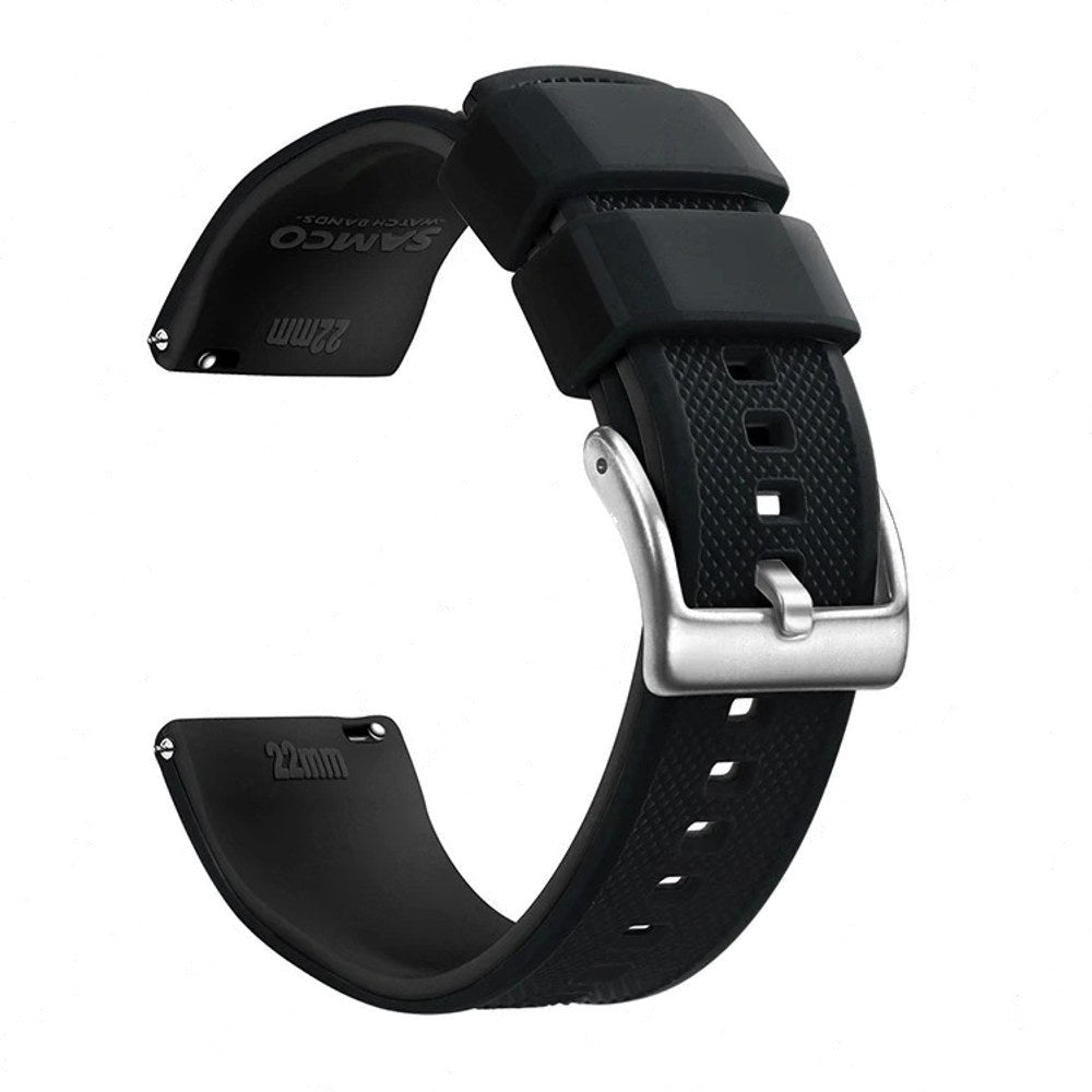 Black silicone watch band with a silver stainless steel tang buckle and quick-release spring bars