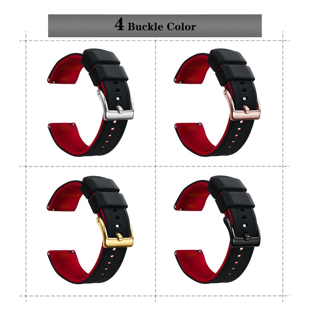 Black and red silicone band shown with each of the four buckle colours: silver, black, gold and rose gold
