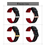 Black and red silicone band shown with each of the four buckle colours: silver, black, gold and rose gold
