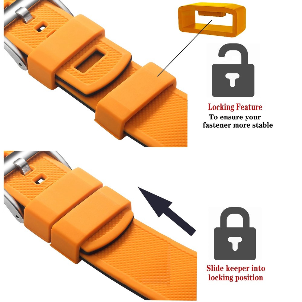 Orange silicone band showing the strap keeper sliding into its locking position over the loose end