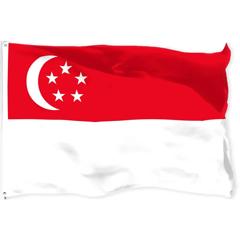 Singapore flag in printed polyester: red over white with crescent and stars; white header strip with metal eyelets at left