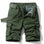 Army Green01 cargo shorts laid flat, front view, fly open to show the gingham check facing, metal tack button and D-ring on the waistband, with a green webbing belt used for styling