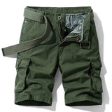 Army Green01 cargo shorts laid flat, front view, fly open to show the gingham check facing, metal tack button and D-ring on the waistband, with a green webbing belt used for styling