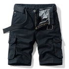 Black01 cargo shorts laid flat, front view, fly open to show the check facing, metal tack button and D-ring on the waistband, with a black webbing belt used for styling