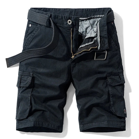 Black01 cargo shorts laid flat, front view, fly open to show the check facing, metal tack button and D-ring on the waistband, with a black webbing belt used for styling