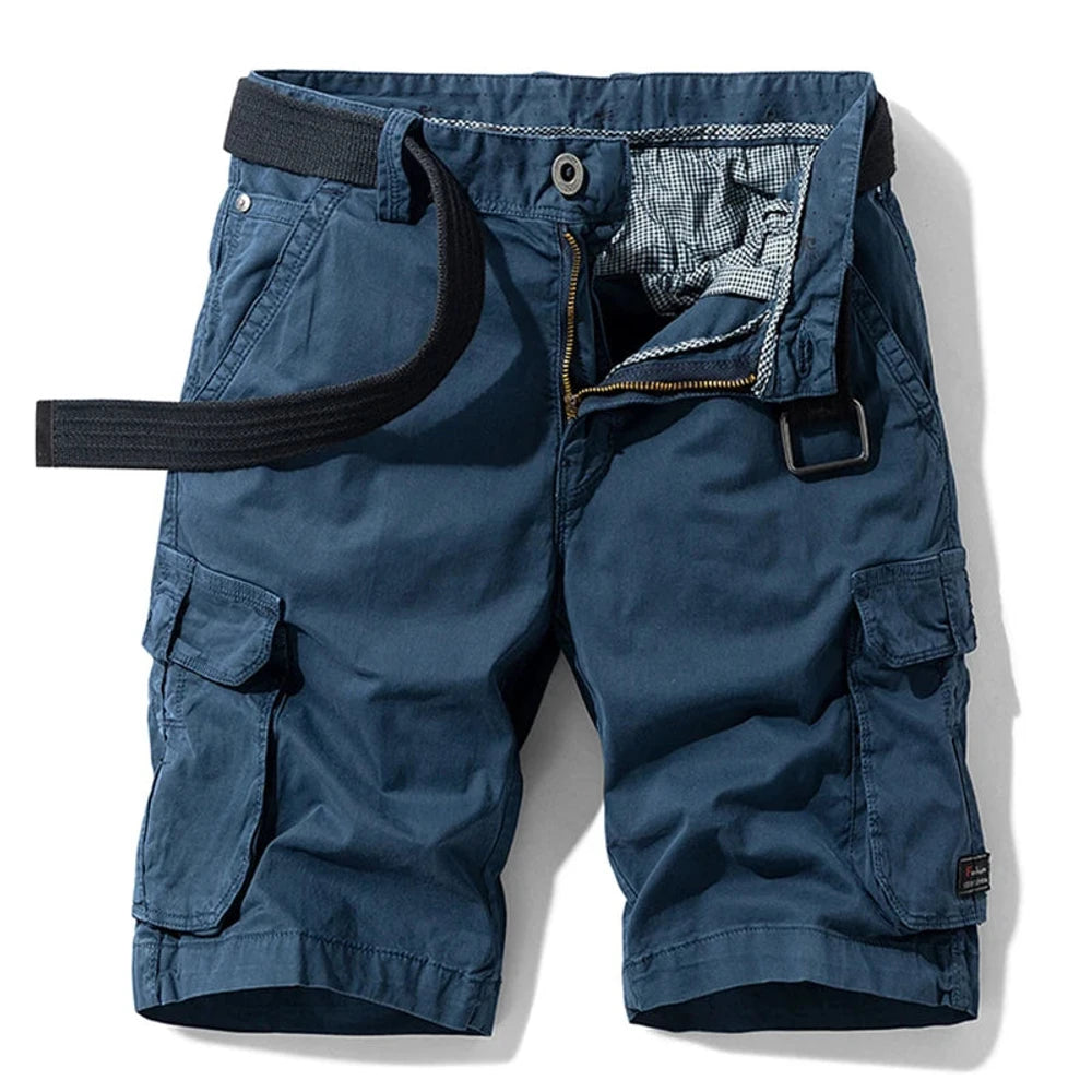 Dark Blue01 cargo shorts laid flat, front view, fly open to show the gingham check facing, metal tack button and D-ring on the waistband, with a dark webbing belt used for styling