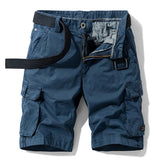 Dark Blue01 cargo shorts laid flat, front view, fly open to show the gingham check facing, metal tack button and D-ring on the waistband, with a dark webbing belt used for styling