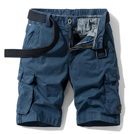 Dark Blue01 cargo shorts laid flat, front view, fly open to show the gingham check facing, metal tack button and D-ring on the waistband, with a dark webbing belt used for styling