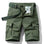 Army green RELAX six-pocket cargo shorts laid flat, front view, fly open to show the printed inner waistband, RELAX embroidery on the right cargo flap, with a green webbing belt used for styling