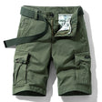 Army green RELAX six-pocket cargo shorts laid flat, front view, fly open to show the printed inner waistband, RELAX embroidery on the right cargo flap, with a green webbing belt used for styling